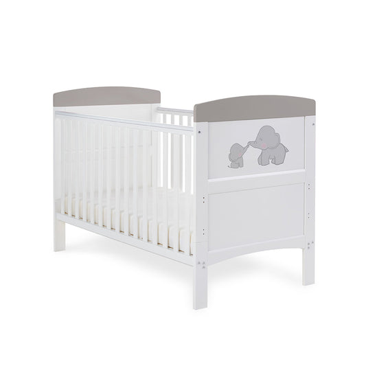 Grace Inspire Cot Bed & Fibre Mattress - Me & Mini Me Elephants - Grey