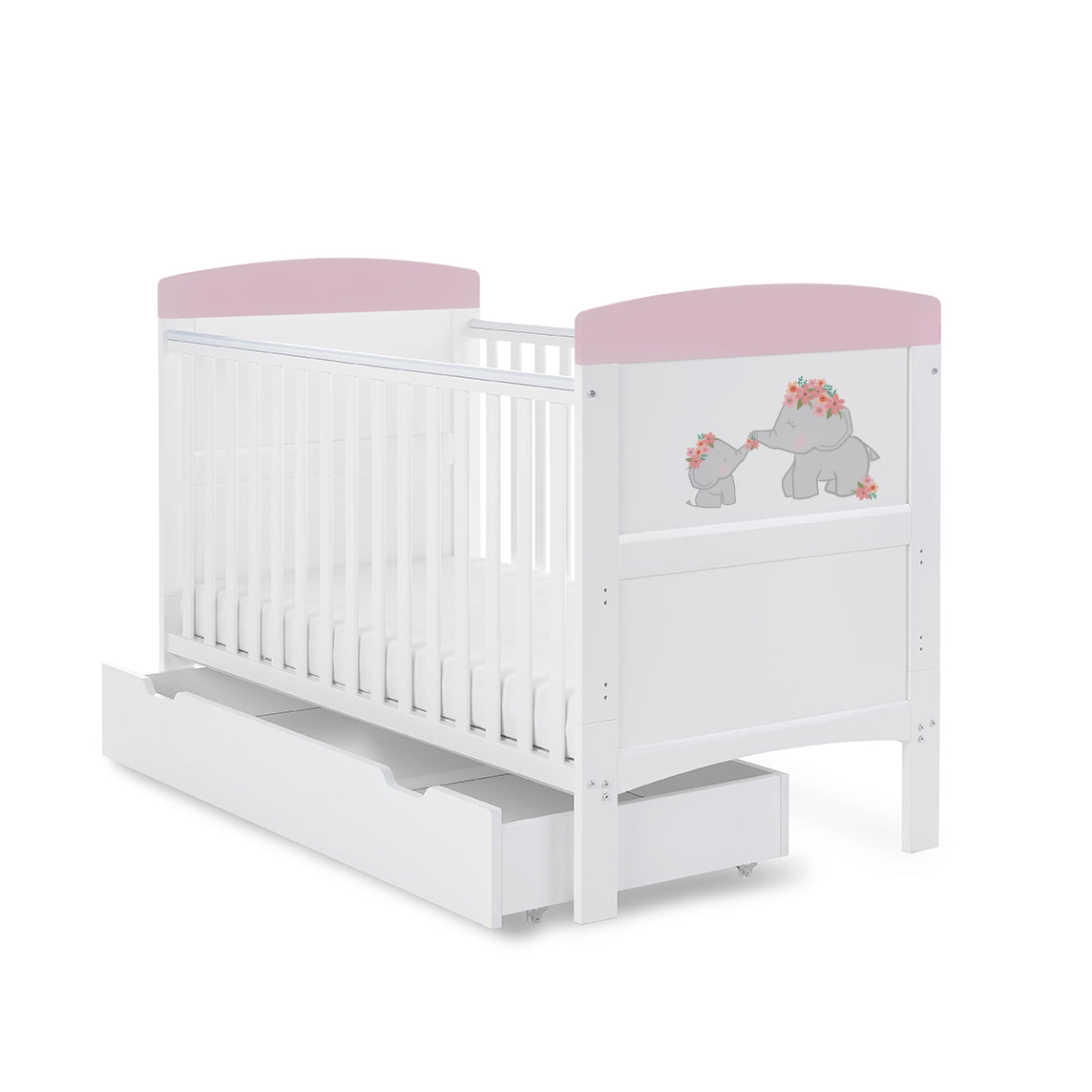 Grace Inspire Cot Bed & Underdrawer - Me & Mini Me Elephants - Pink