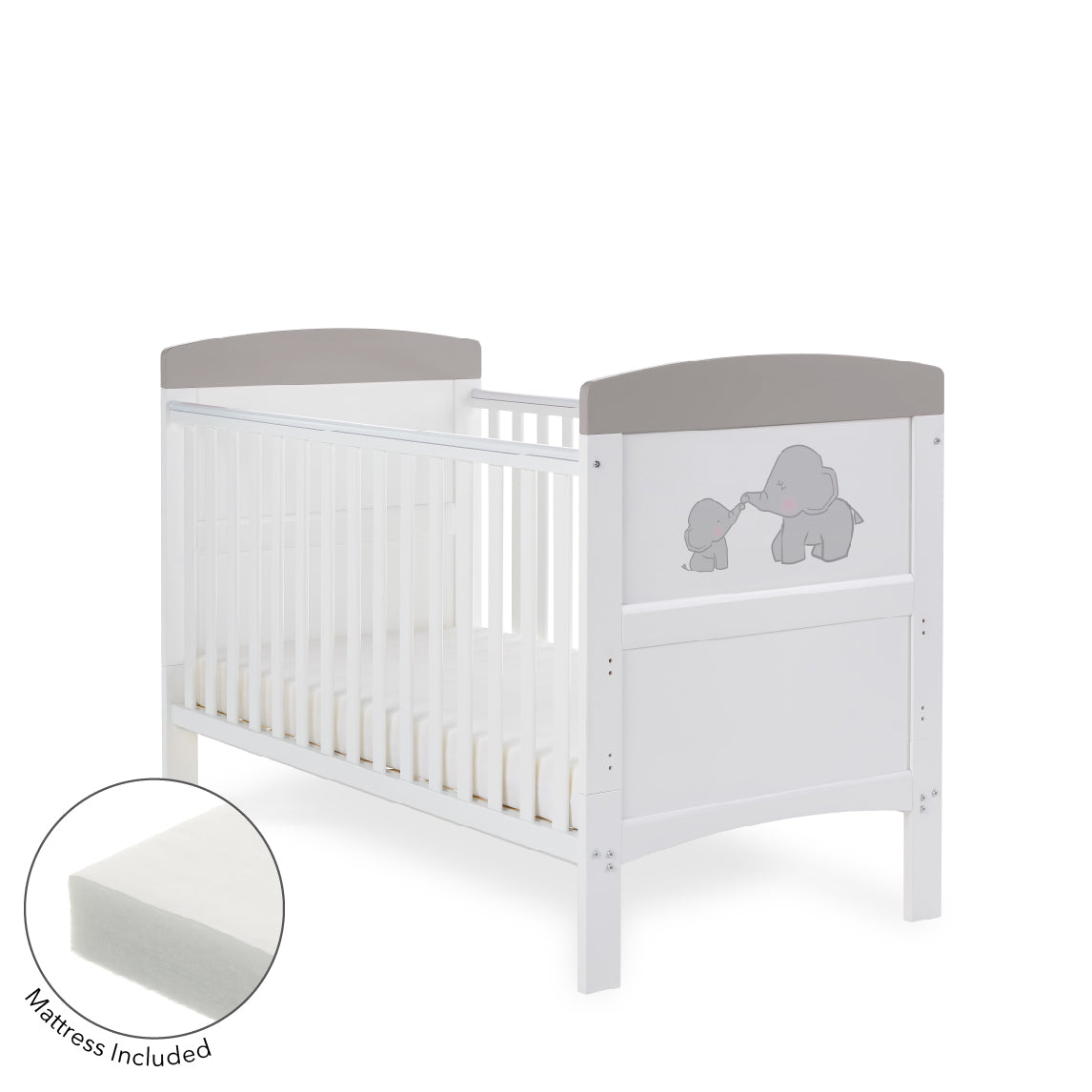 Grace Inspire Cot Bed & Fibre Mattress -  Me & Mini Me Elephants - Grey