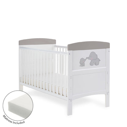 Grace Inspire Cot Bed & Fibre Mattress -  Me & Mini Me Elephants - Grey