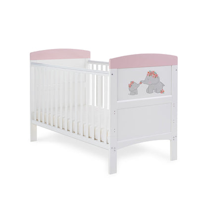 Grace Inspire Cot Bed & Fibre Mattress - Me & Mini Me Elephants - Pink