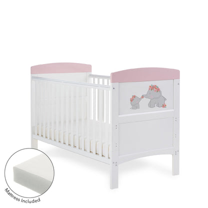 Grace Inspire Cot Bed & Fibre Mattress - Me & Mini Me Elephants - Pink