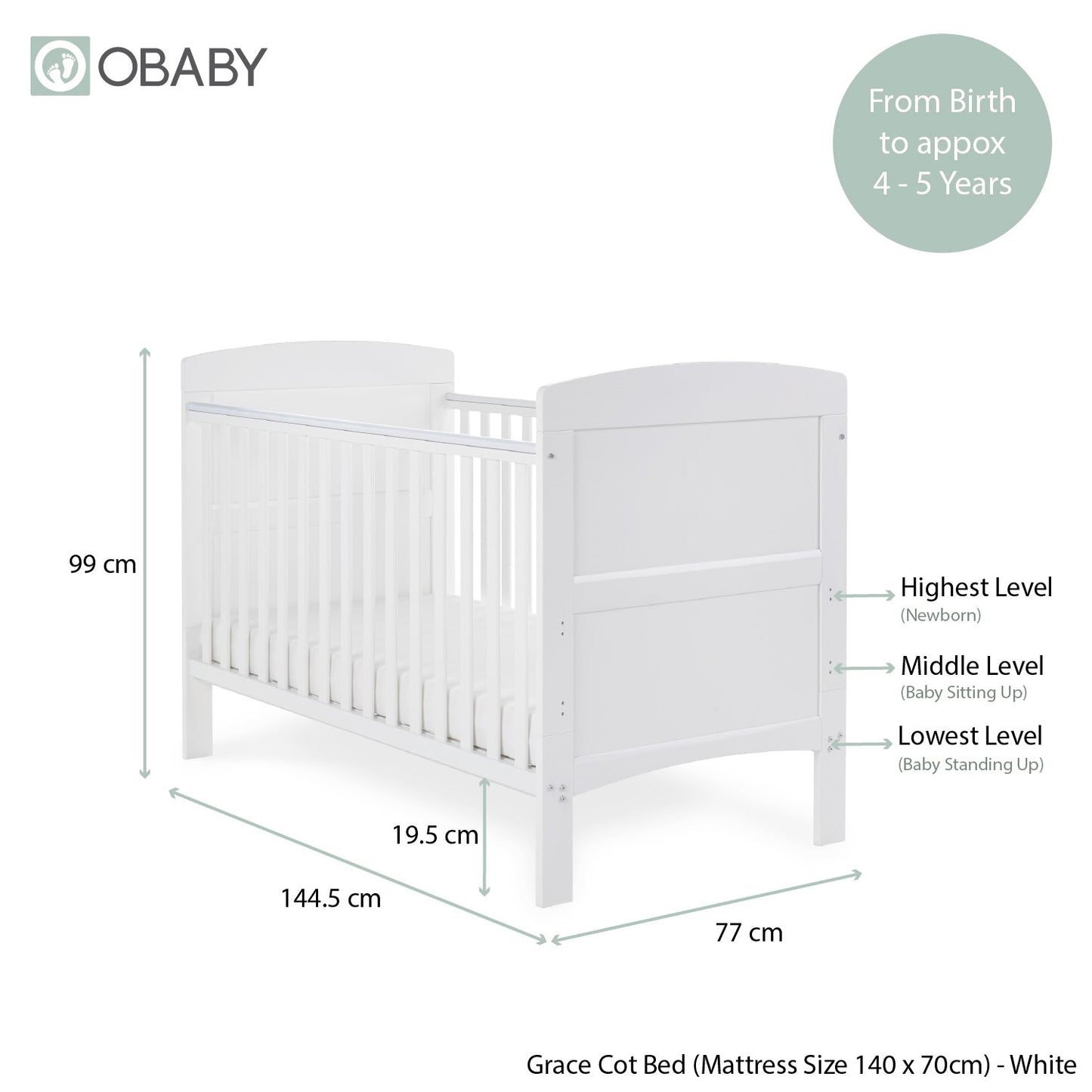 Grace Cot Bed, Cot Top Changer + Fibre Mattress - White