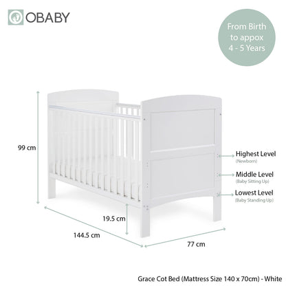 Grace Cot Bed, Cot Top Changer + Fibre Mattress - White