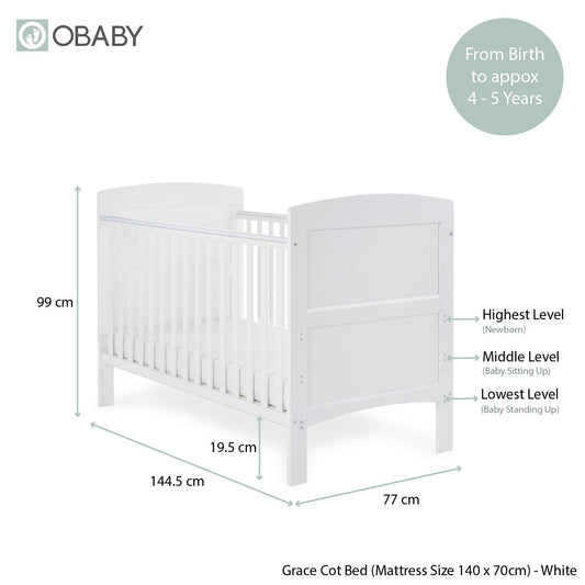 Grace Cot Bed, Cot Top Changer + Fibre Mattress - White