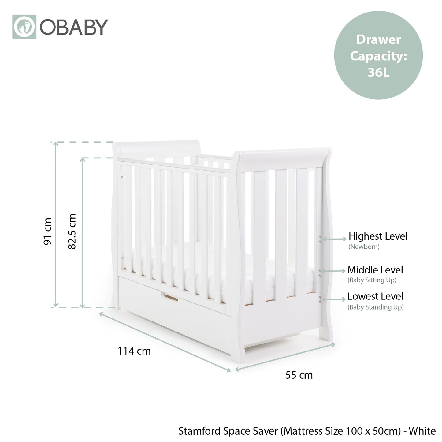 Stamford Space Saver Sleigh Cot & Cot Top Changer - White
