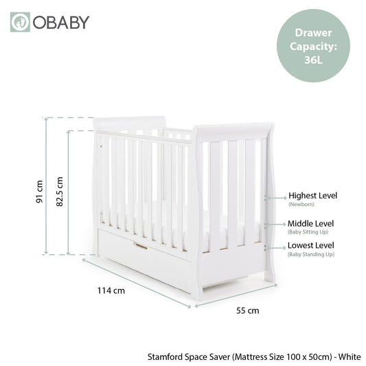 Stamford Space Saver Sleigh Cot - White