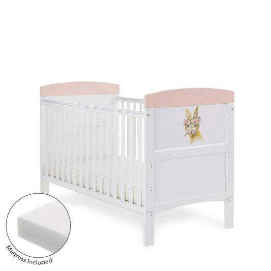 Grace Inspire Cot Bed & Fibre Mattress - Watercolour Rabbit - Pink