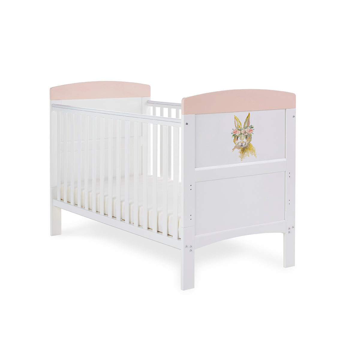Grace Inspire Cot Bed & Fibre Mattress - Watercolour Rabbit - Pink