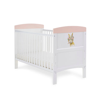 Grace Inspire Cot Bed & Fibre Mattress - Watercolour Rabbit - Pink
